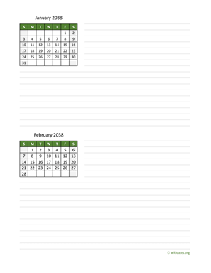 January and February 2038 Calendar with Notes