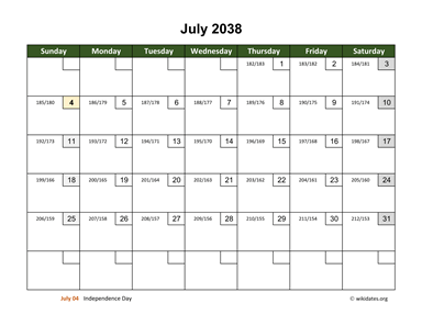 July 2038 Calendar with Day Numbers