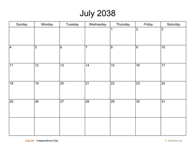 Basic Calendar for July 2038