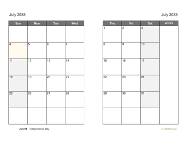 July 2038 Calendar on two pages