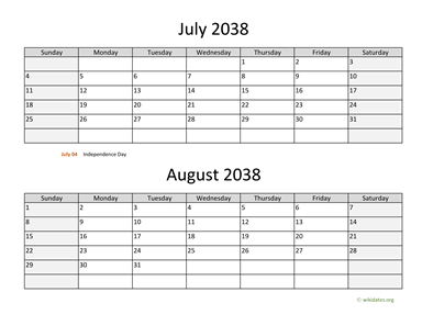 July and August 2038 Calendar Horizontal