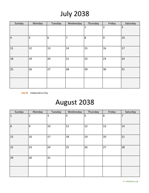 July and August 2038 Calendar Vertical