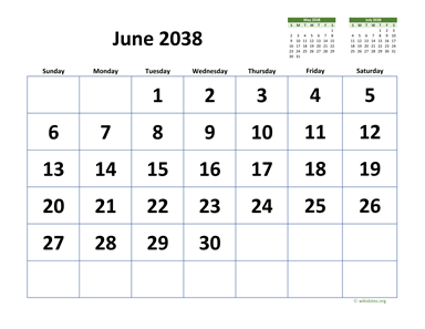June 2038 Calendar with Extra-large Dates