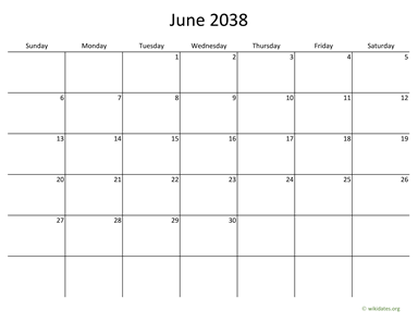 June 2038 Calendar with Bigger boxes