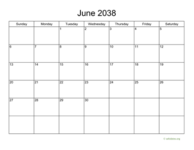Basic Calendar for June 2038