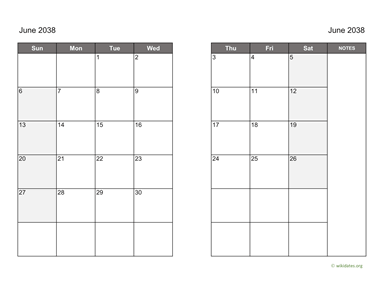 June 2038 Calendar on two pages