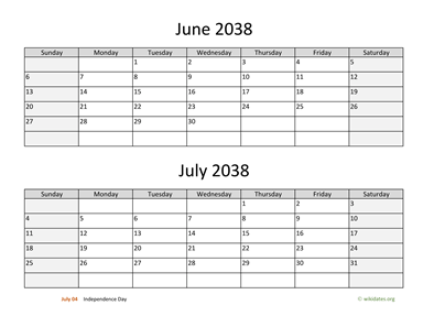 June and July 2038 Calendar Horizontal