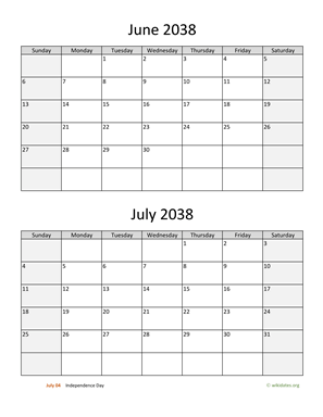 June and July 2038 Calendar Vertical