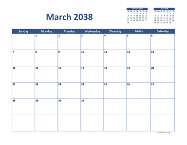 March 2038 Calendar Classic