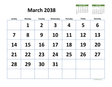 March 2038 Calendar with Extra-large Dates