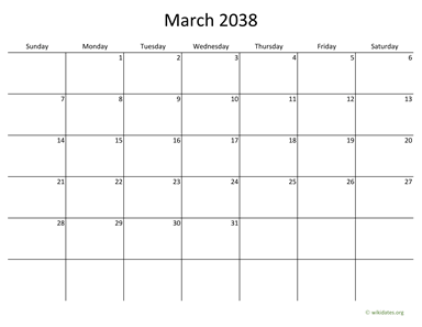 March 2038 Calendar with Bigger boxes
