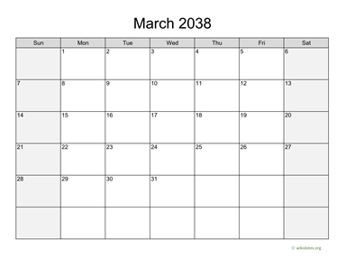 March 2038 Calendar with Weekend Shaded