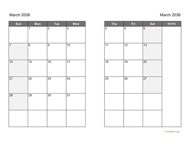 March 2038 Calendar on two pages