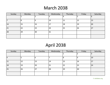 March and April 2038 Calendar Horizontal