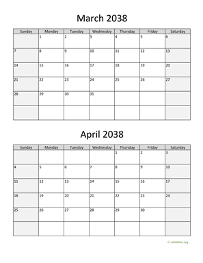 March and April 2038 Calendar Vertical