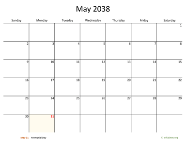May 2038 Calendar with Bigger boxes