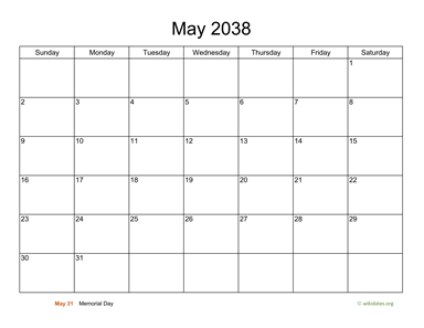 Basic Calendar for May 2038