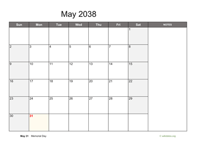 May 2038 Calendar with Notes