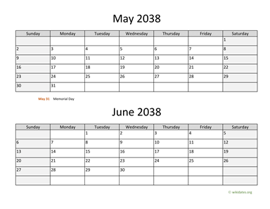 May and June 2038 Calendar Horizontal