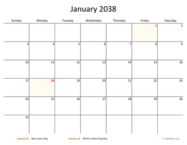 Monthly 2038 Calendar with Bigger boxes