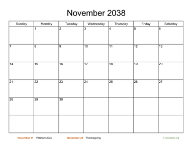Basic Calendar for November 2038