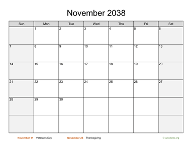 November 2038 Calendar with Weekend Shaded