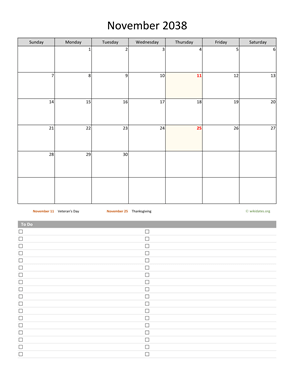 November 2038 Calendar with To-Do List