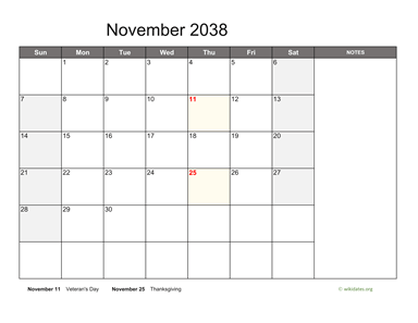 November 2038 Calendar with Notes