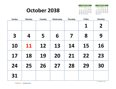 October 2038 Calendar with Extra-large Dates