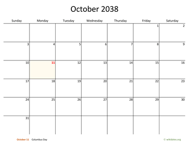 October 2038 Calendar with Bigger boxes