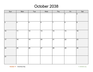October 2038 Calendar with Weekend Shaded