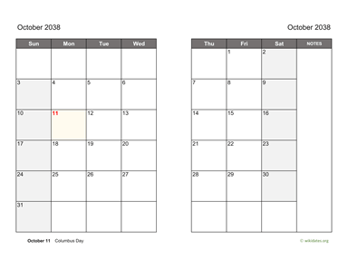 October 2038 Calendar on two pages