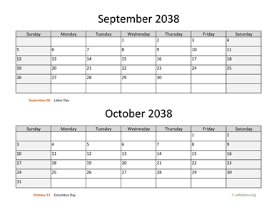 September and October 2038 Calendar Horizontal