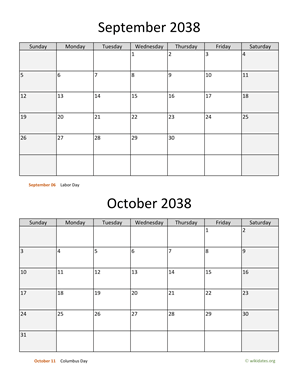 September and October 2038 Calendar Vertical