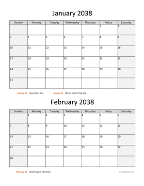 Two Months 2038 Calendar Vertical