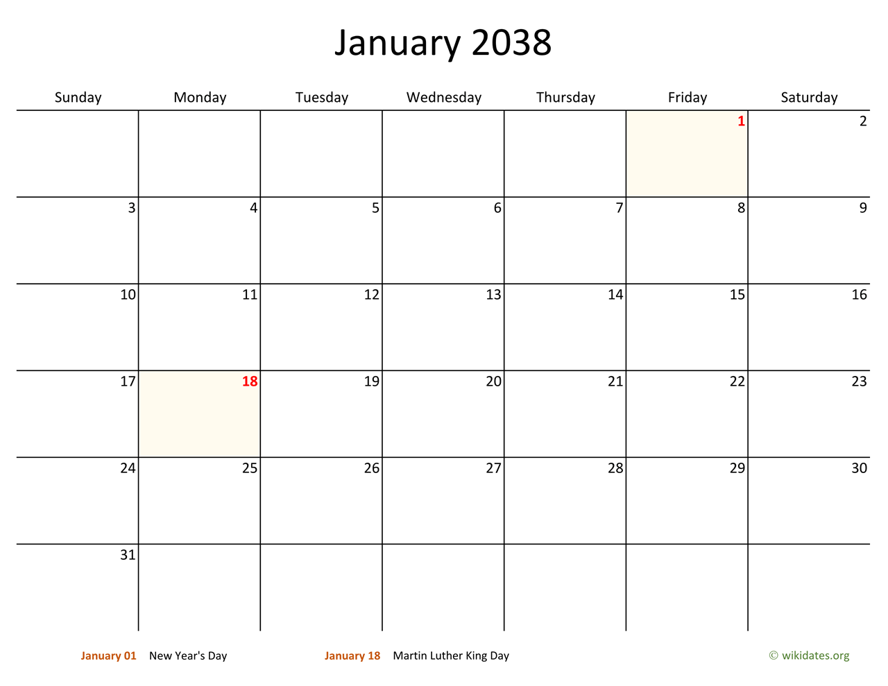Monthly 2038 Calendar With Bigger Boxes