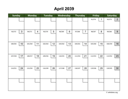 April 2039 Calendar with Day Numbers