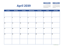 April 2039 Calendar Classic
