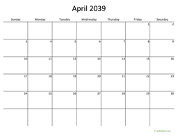 April 2039 Calendar with Bigger boxes
