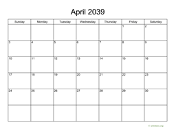 Basic Calendar for April 2039