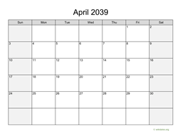 April 2039 Calendar with Weekend Shaded