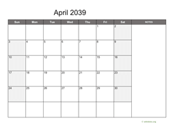 April 2039 Calendar with Notes