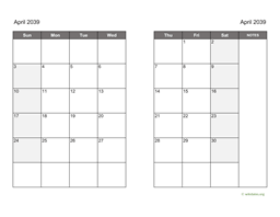 April 2039 Calendar on two pages