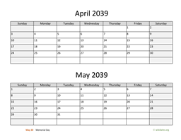 April and May 2039 Calendar