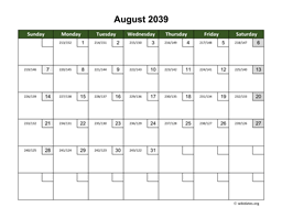 August 2039 Calendar with Day Numbers