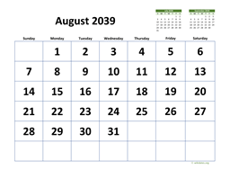 August 2039 Calendar with Extra-large Dates