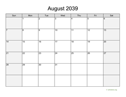 August 2039 Calendar with Weekend Shaded