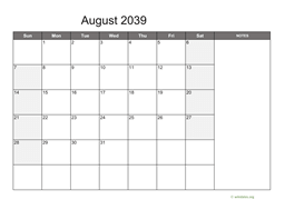 August 2039 Calendar with Notes