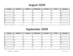 August and September 2039 Calendar