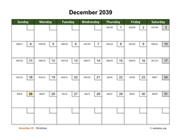 December 2039 Calendar with Day Numbers